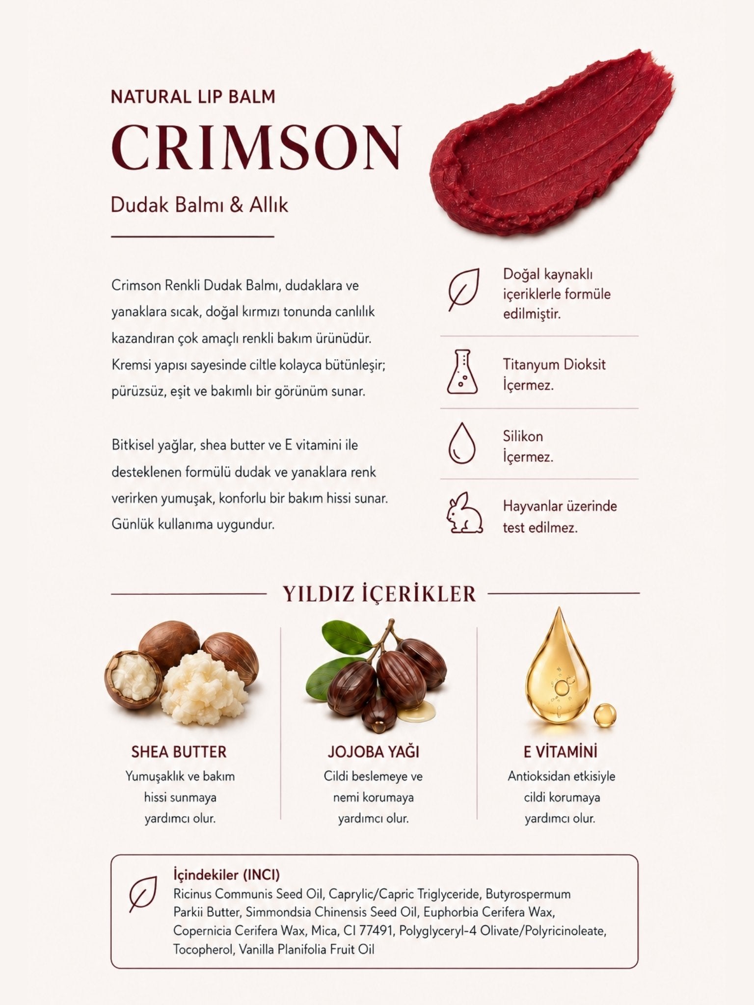 Crimson Nemlendirici ve Besleyici Renkli Dudak Balmı 10 ml